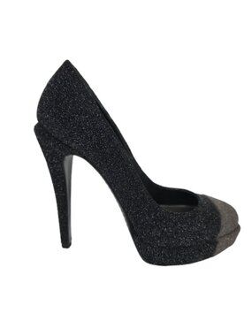 CHANEL 2011 Black & Grey Glitter Cap-Toe Platform Pumps Heels